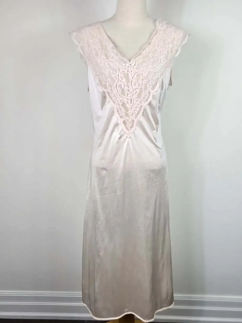 Vintage Pink Satin Nightgown Lace Midi Slip Dress Romantic Lingerie Small
